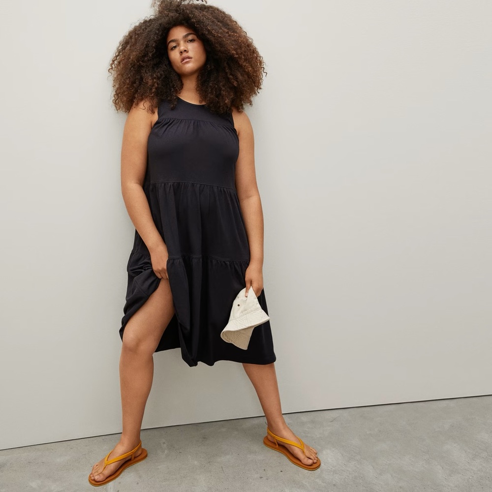 Everlane black tiered cotton Weekend tank midi dress cozy comfy M